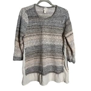 Chicos Womens Shirley Woven Knit Sweater Size 2/L Gray Nautical Lagenlook Open
